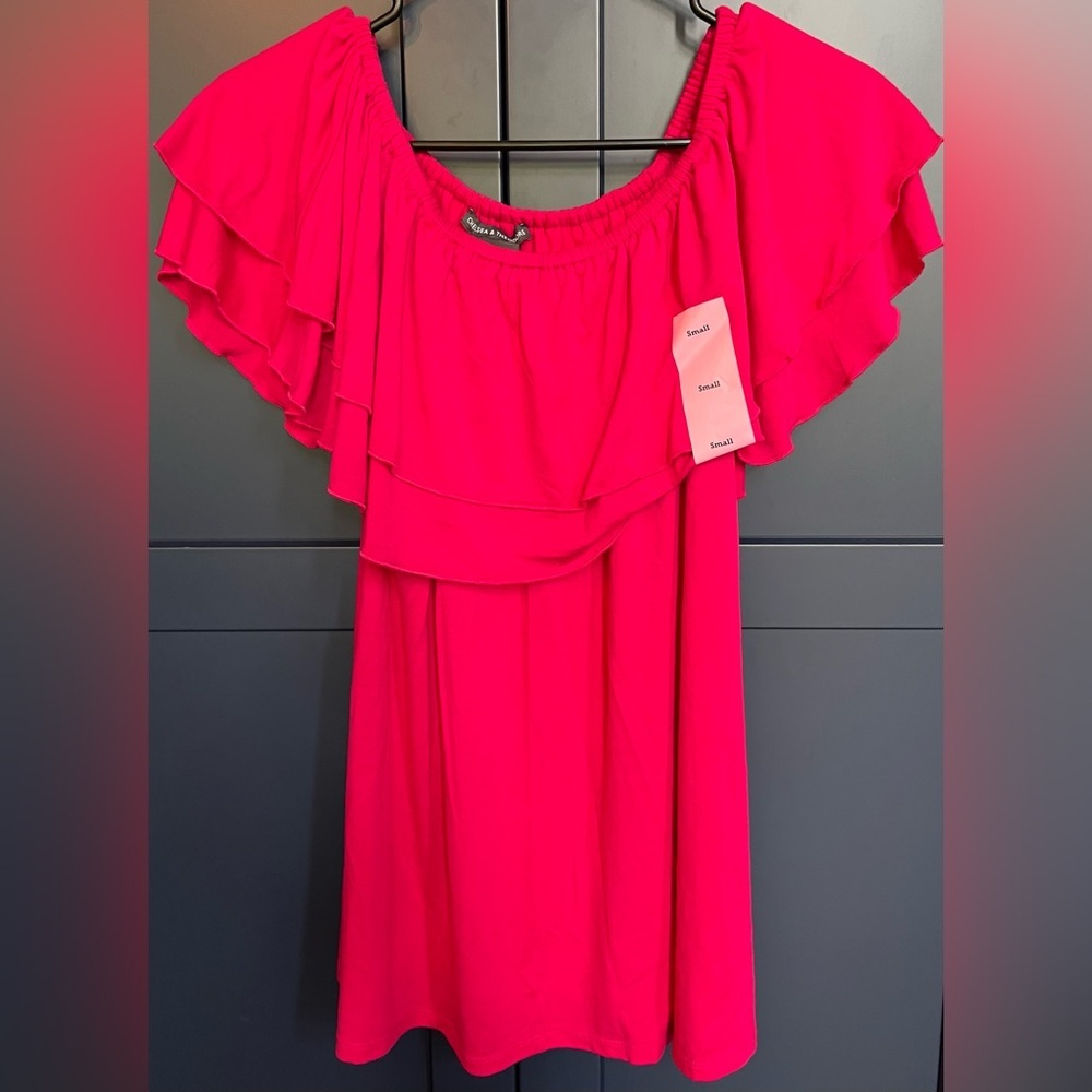 Chelsea & Theodore Hot Pink Off-Shoulder Ruffle Top
